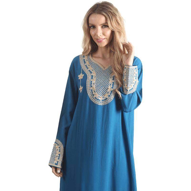 Kaftan azul de manga longa feminino Rayon