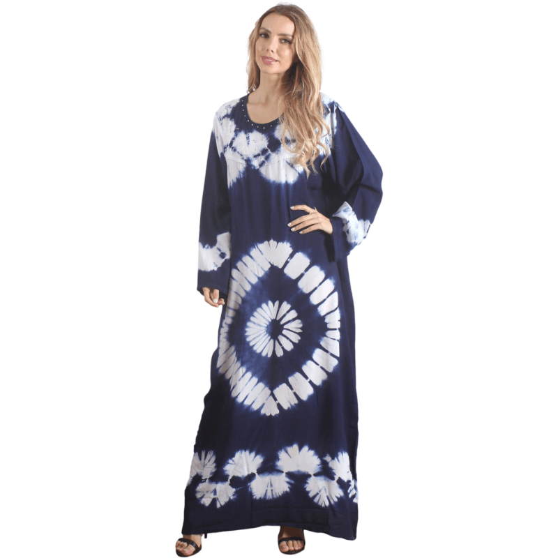 Kaftan azul manga longa estampado rayon feminino