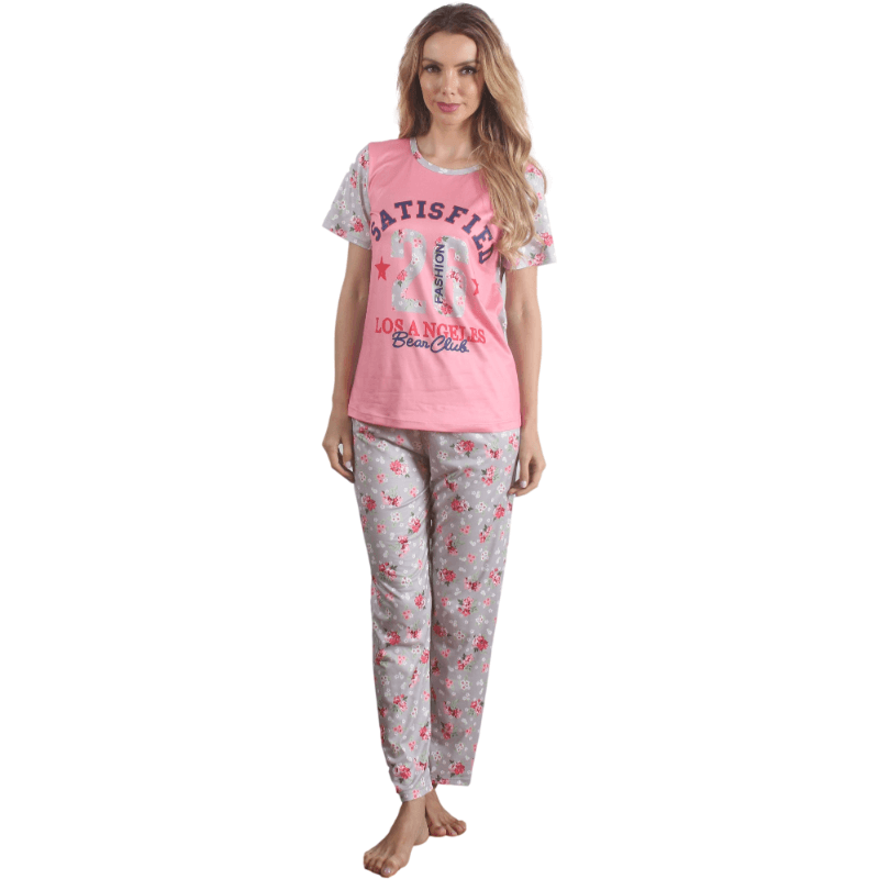 Conjunto de pijama de manga curta com estampa floral rosa para meninas