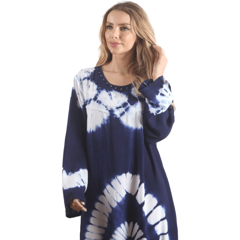 Kaftan azul manga longa estampado rayon feminino