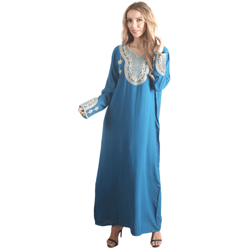 Kaftan azul de manga longa feminino Rayon