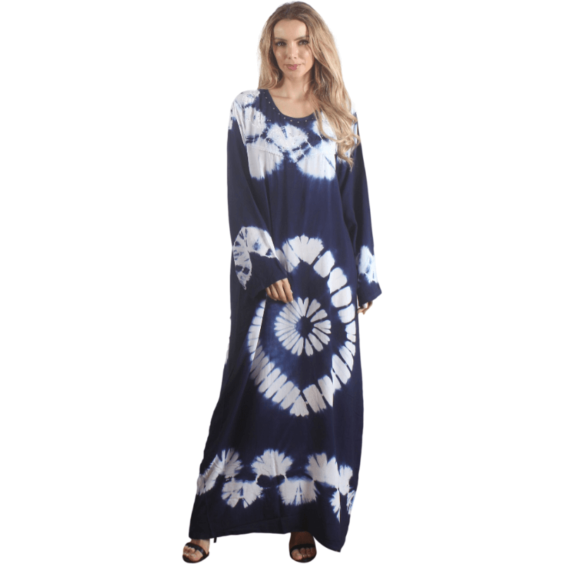 Kaftan azul manga longa estampado rayon feminino