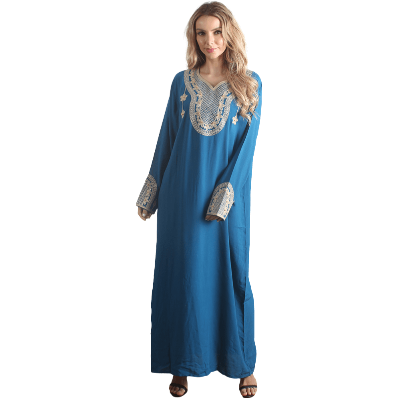 Kaftan azul de manga longa feminino Rayon