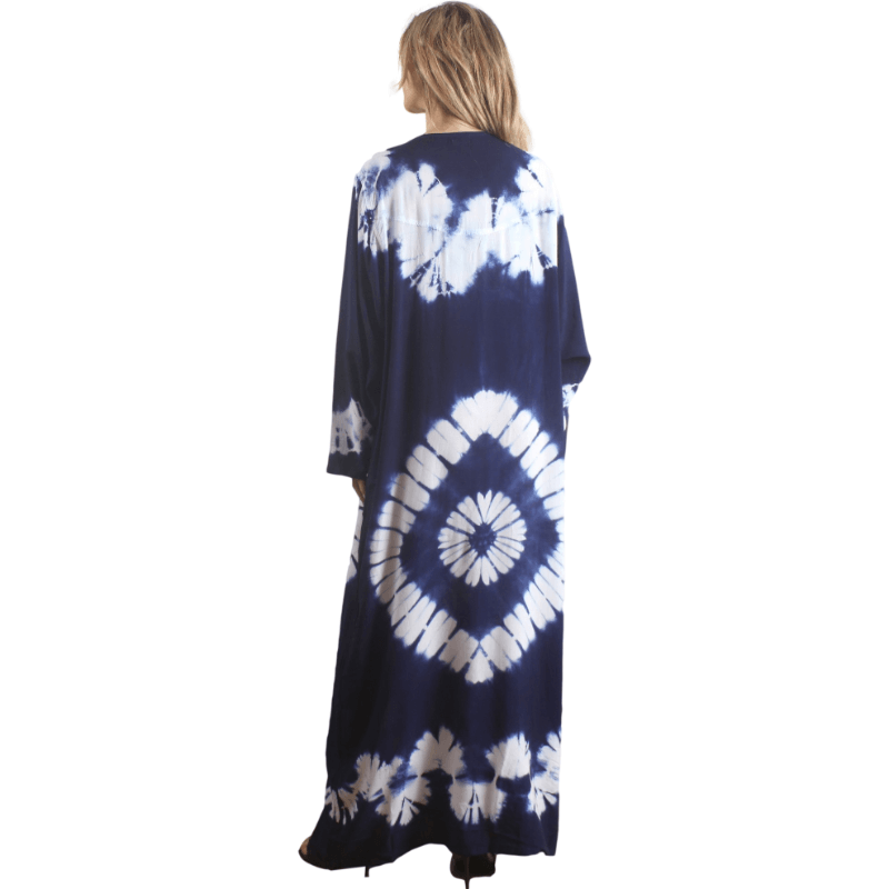 Kaftan azul manga longa estampado rayon feminino