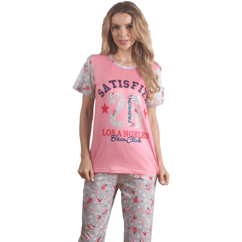 Conjunto de pijama de manga curta com estampa floral rosa para meninas